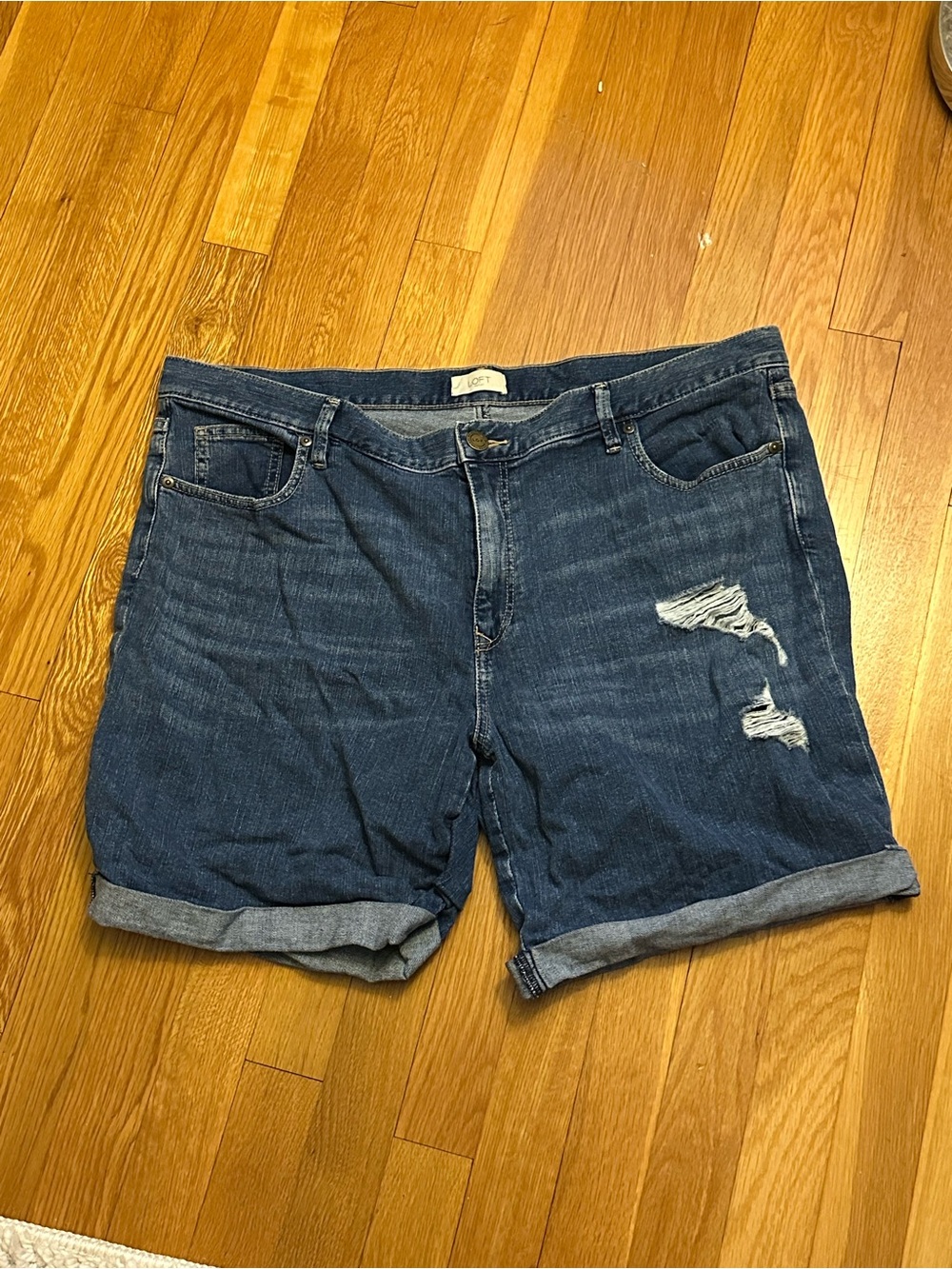 LOFT Dark Blue Distressed Roll-Cuff Denim Shorts